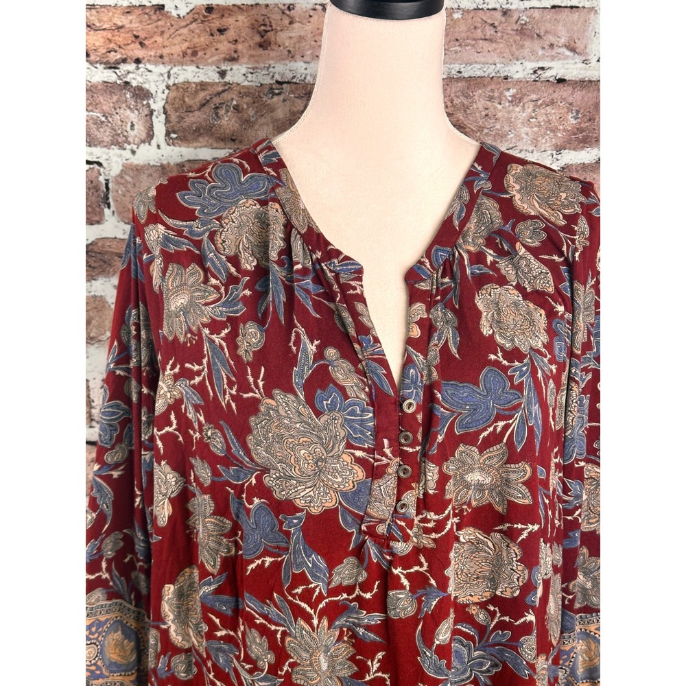 Lucky Brand Red Floral Boho Henley Tunic Blouse Plus Size 2X 3/4 Sleeve Border - Picture 4 of 14
